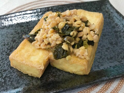 簡単おつまみ＊パリパリ厚揚げの高菜納豆のせ